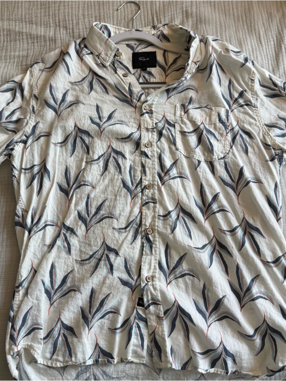 Rails Men’s White Button-Down Shirt with Blue Leaf Motif